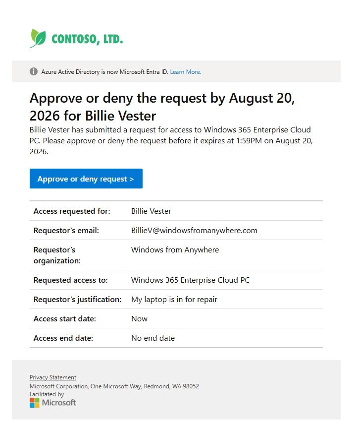 access package approve or deny request