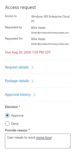 access package approve or deny request for user