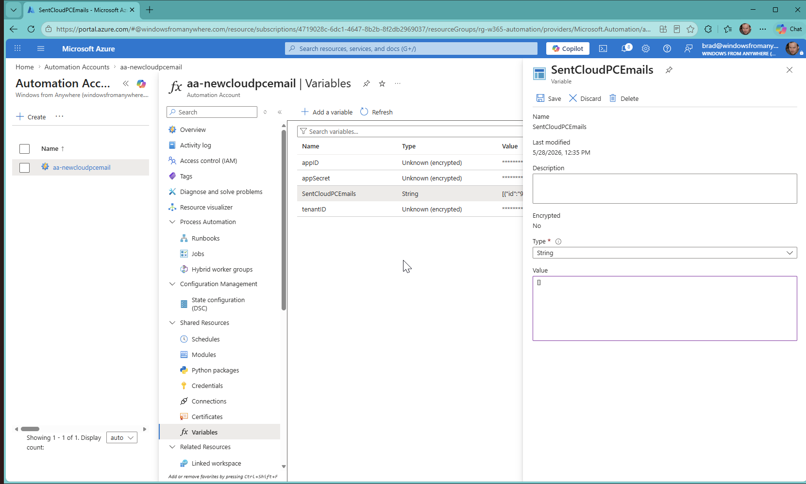 Automation Account Variables
