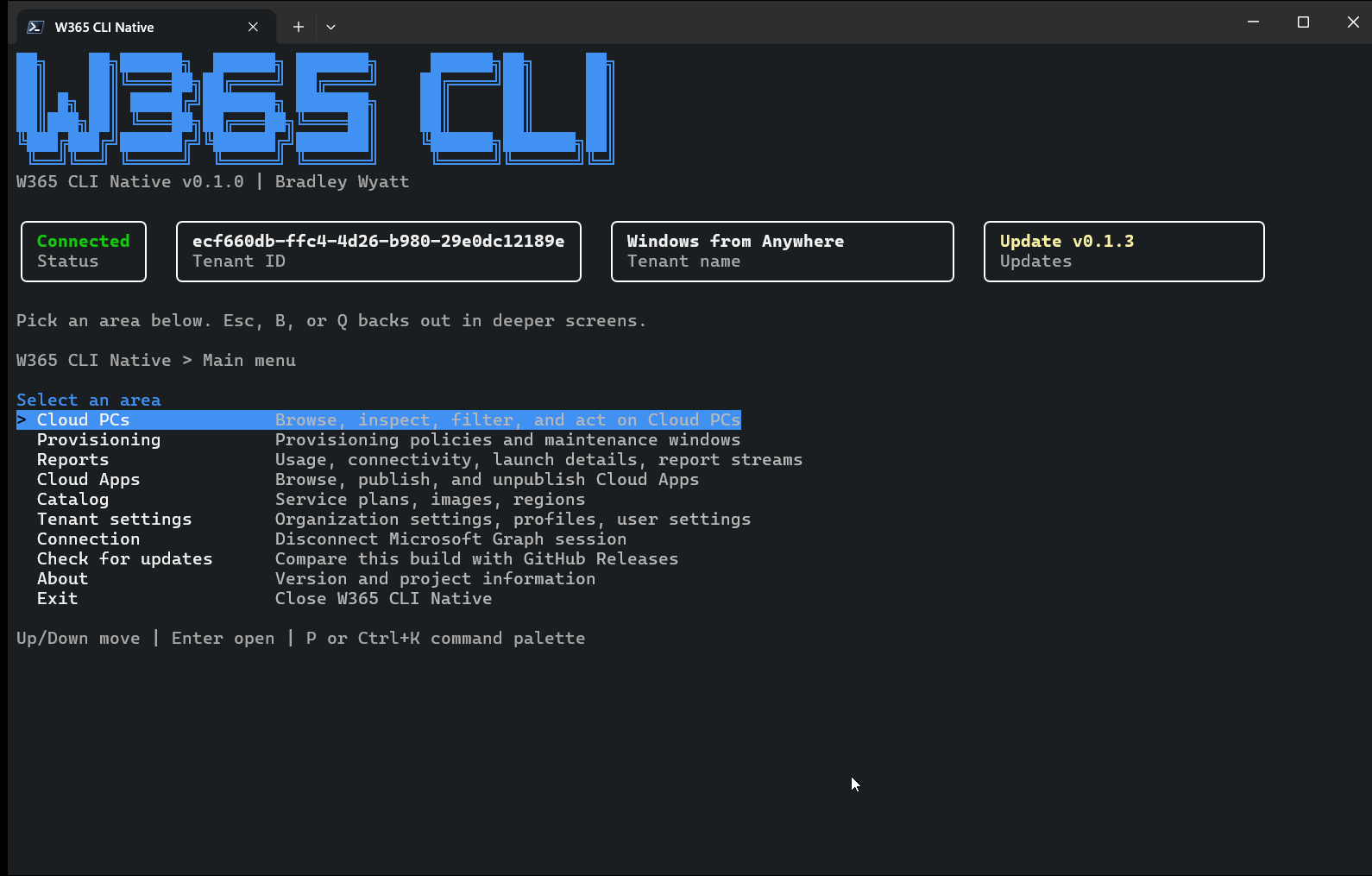 W365 CLI Native main menu